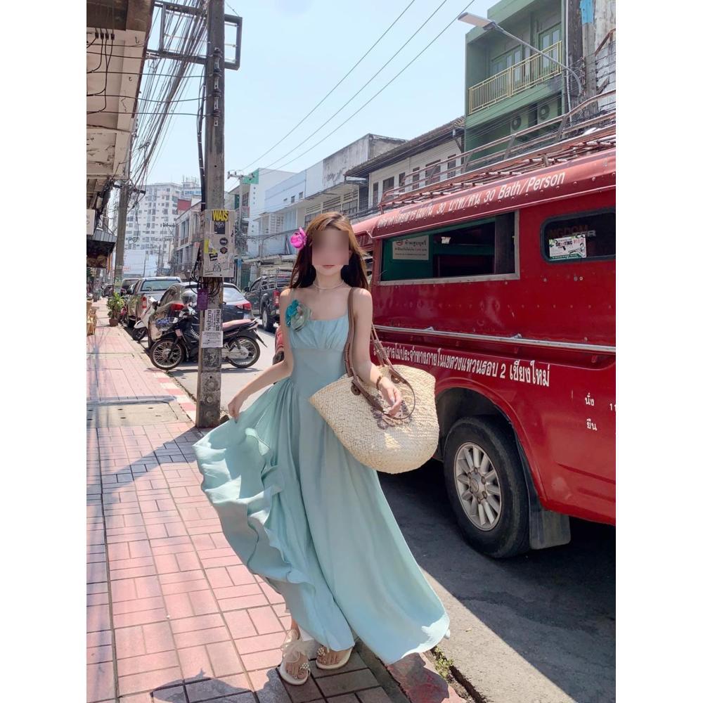 

Праздничный стиль трехмерный цветок плиссированное платье на бретелях девочка лето приталенное А-силуэтная юбка длинная юбка XL- (recommended 110-60kg)