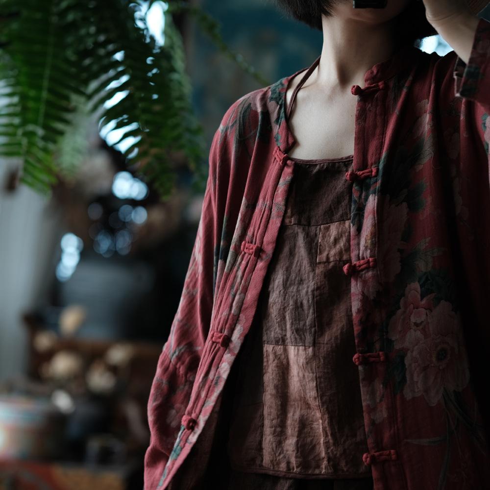 Johnature Vintage Women Red Print Floral Long Shirts Button Stand Long Sleeve Blouses Autumn Chinese Style Shirt