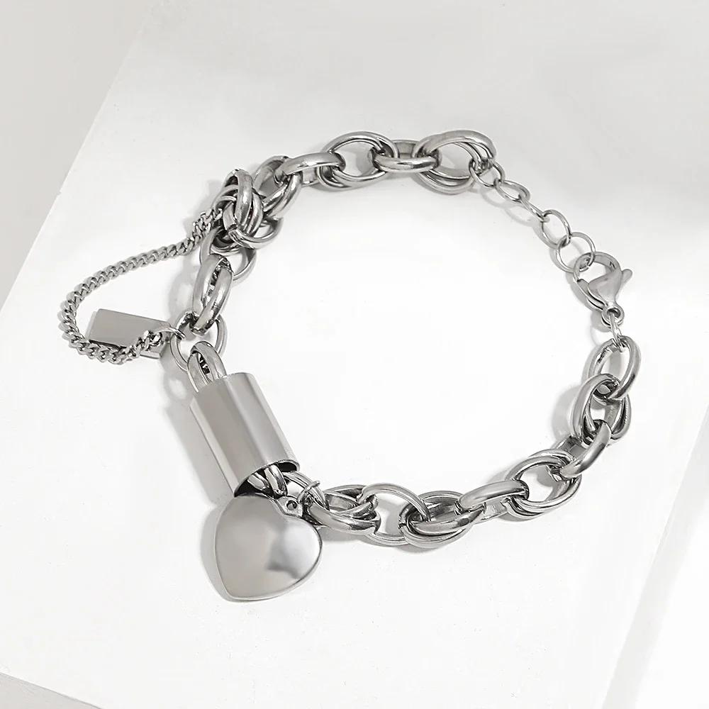 DZ Gold Color Thick Chain Stainless Steel Bracelets for Women Fashion Design Heart Love Pendant Wrist Jewelry