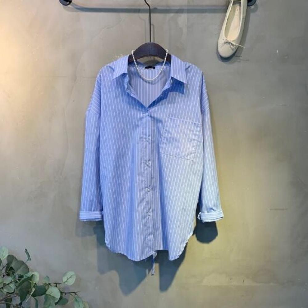 C S In The Room Stripe baCk tuCk Ribbon aSymmetriCal looSe Fit poCket Shirt 2Col