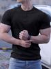 2024 Men's Semi-Tight Henley Fitness Shirt - Solid Color Striped Stretch Short Sleeve Athletic Top