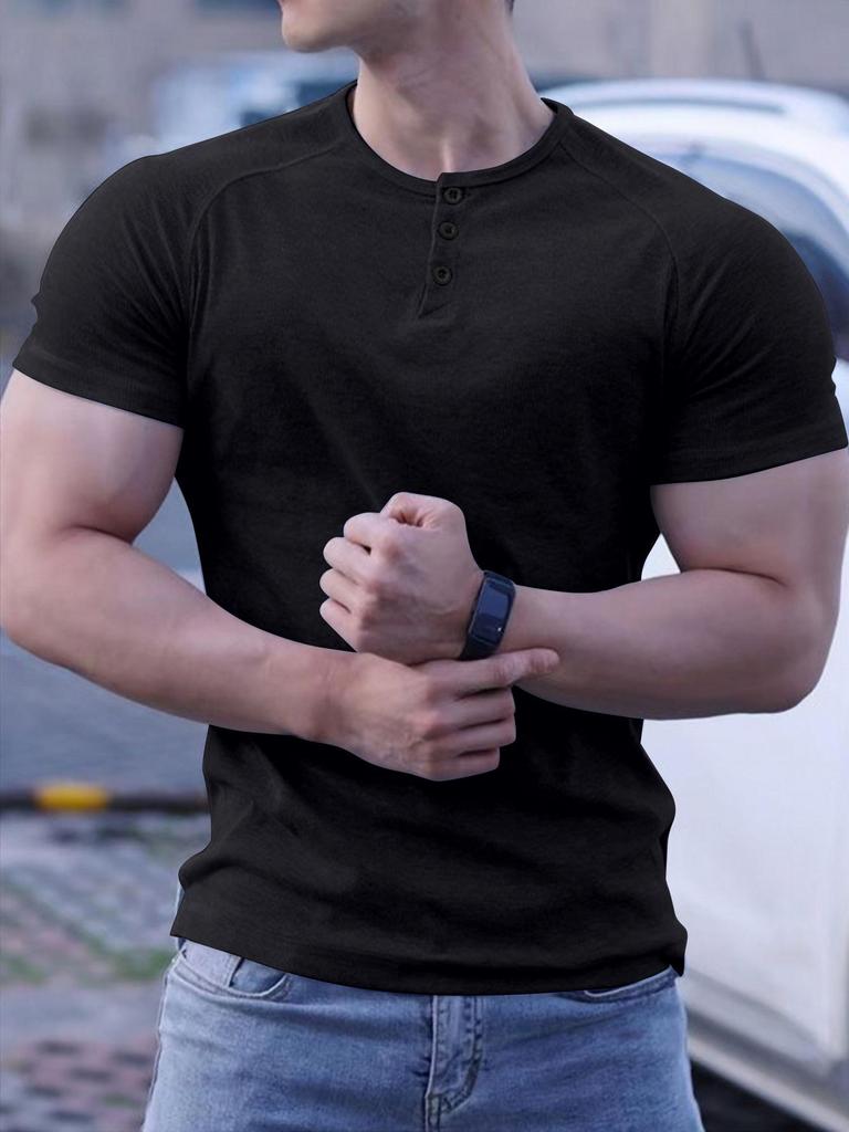 2024 Men's Semi-Tight Henley Fitness Shirt - Solid Color Striped Stretch Short Sleeve Athletic Top