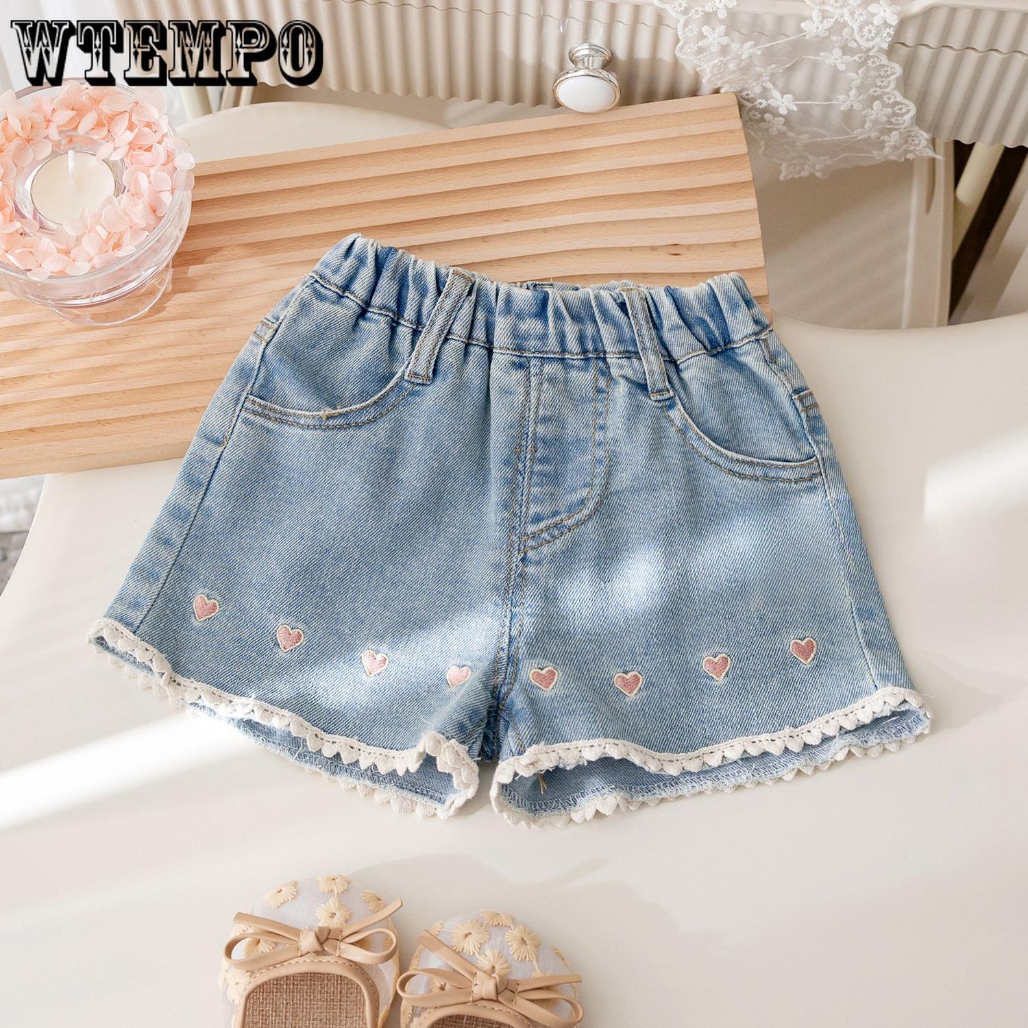 

Girls Jeans Summer Korean Lace Love Embroidered Shorts Sweet and Versatile Shorts for Girls 80