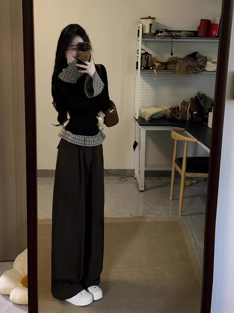 Plaid Bow Two-Piece Layered Women's Long Sleeve Slim Fit Top for All Seasons