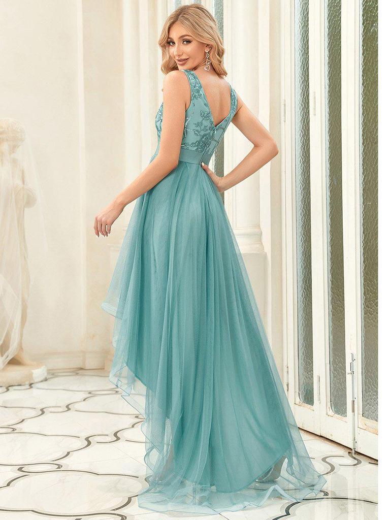 European Plus Size Sequin High-Low Evening Gown, Deep V Mesh New Year's Eve & Bridesmaid Dress 2026