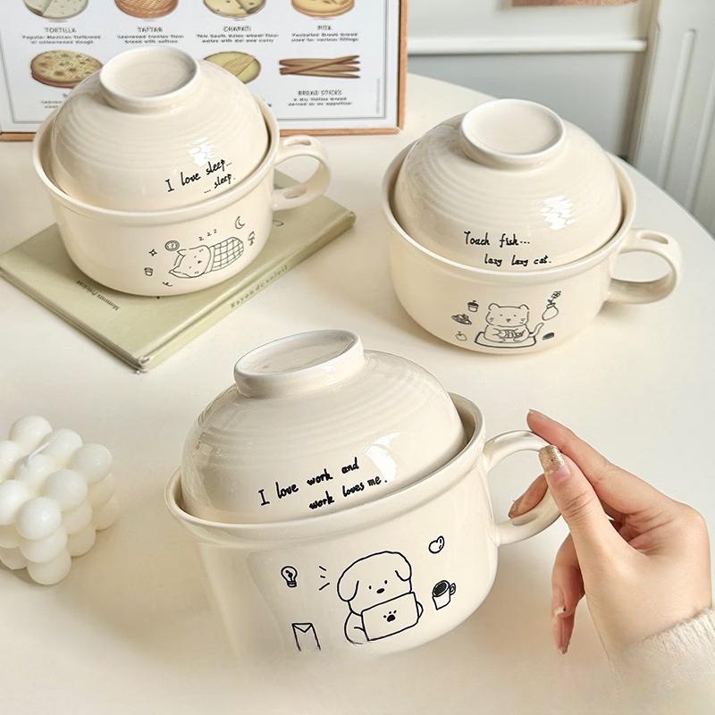 Cute Cartoon Ceramic Instant Noodle Bowl with Lid