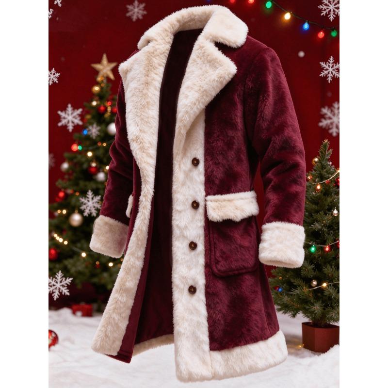Christmas Faux Fur Collar Men Long Winter Jacket Plush Fleece Lined Splicing Thick Warm Wind Resistant Casual Overcoat Outer