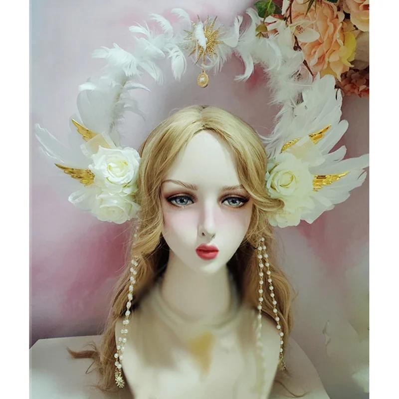 Lolita Corona Aureola Solare Fascia per Capelli Catena di Perline con Nappe Ali d'Angelo Fascia con Spine di Rosa Gotico Vintage Diadema Mary Barocco Copricapo