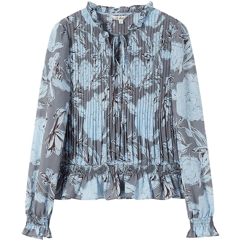 Juzui Women's Elegant Printed Pleated Tie-Neck Top