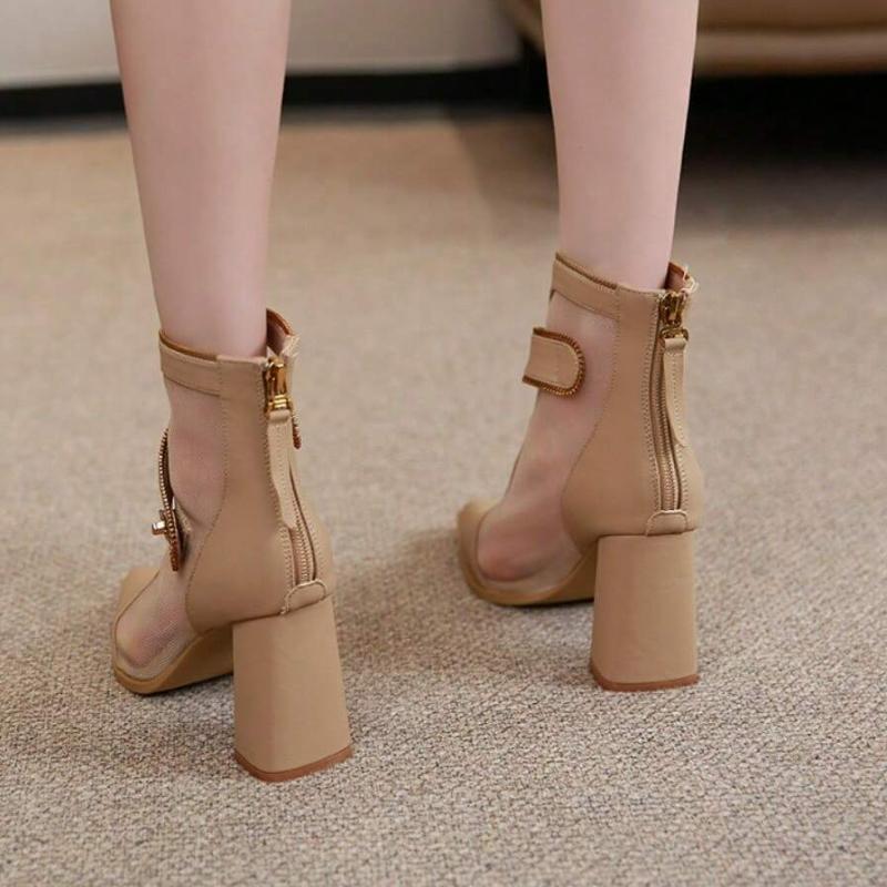 Botas curtas femininas pontudas, moda verão, salto grosso, salto alto, zíper duplo, malha, antiderrapante, calçados casuais confortáveis, bota feminina