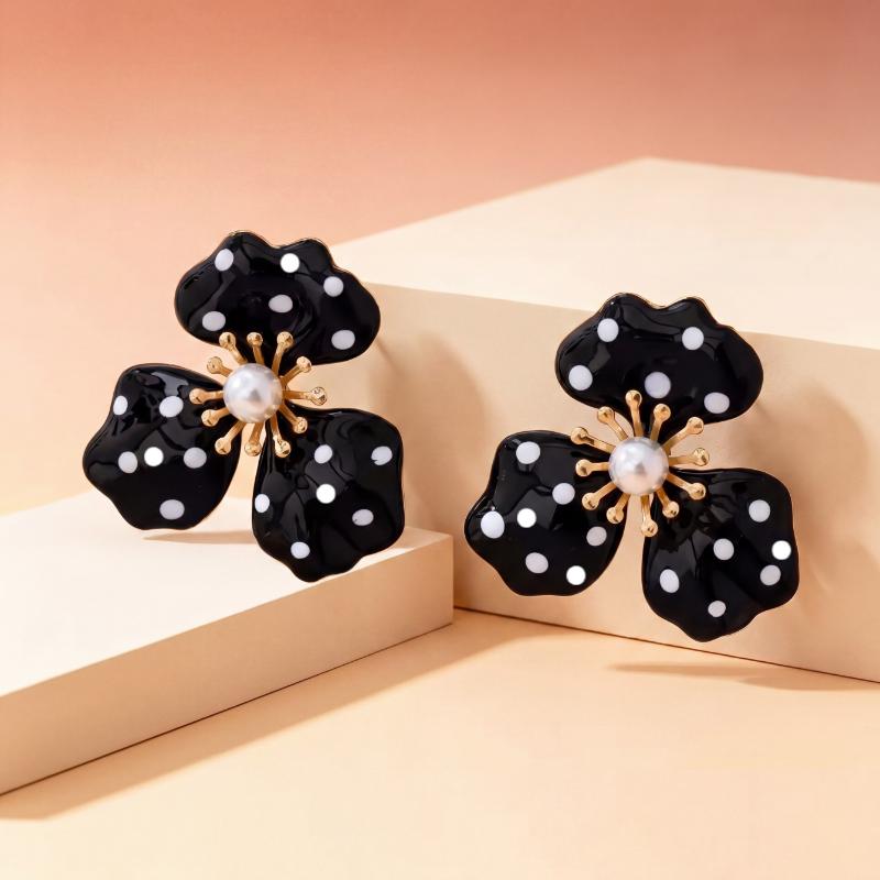 Faux Pearl Accent Flower Stud Earrings Black Polka Dot Gold Tone Edging Perfect BFF Gift for Female Friends