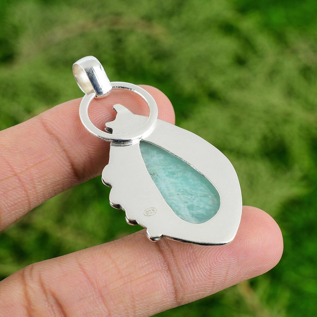 Daughters Day Sale Pear Amazonite Gemstone Sterling Silver Heart Chakra Pendant