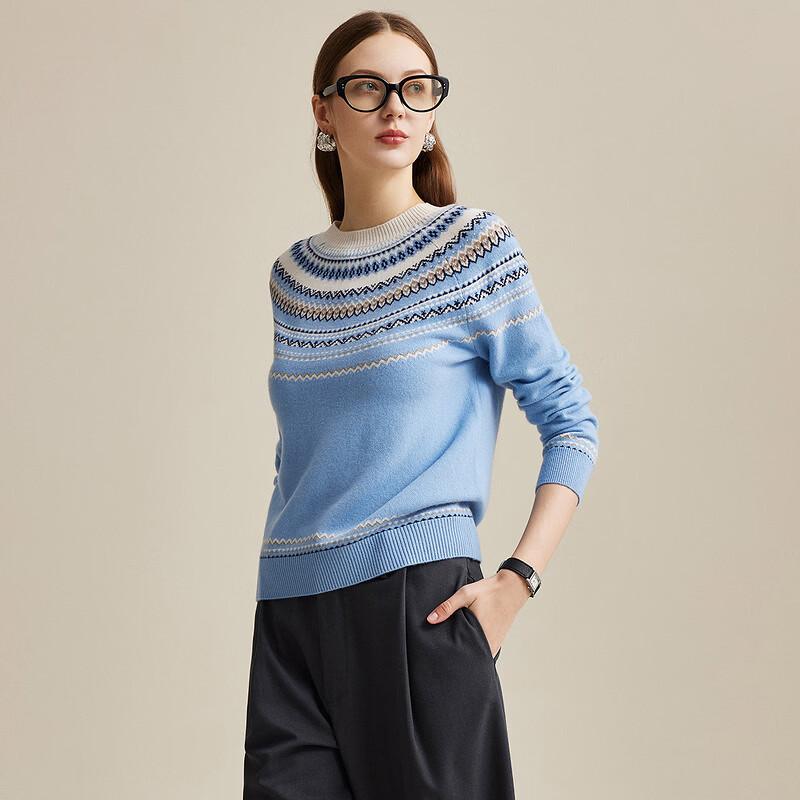 Damen High-End Fair Isle Jacquard Rundhals Wollpullover