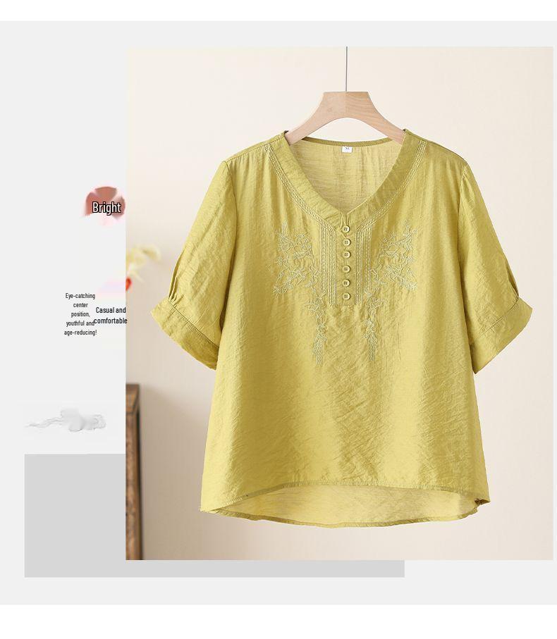 Women's Tencel Linen Embroidered Short-Sleeve Top & Pants Set for Summer - Middle-Aged Mother's Style.
