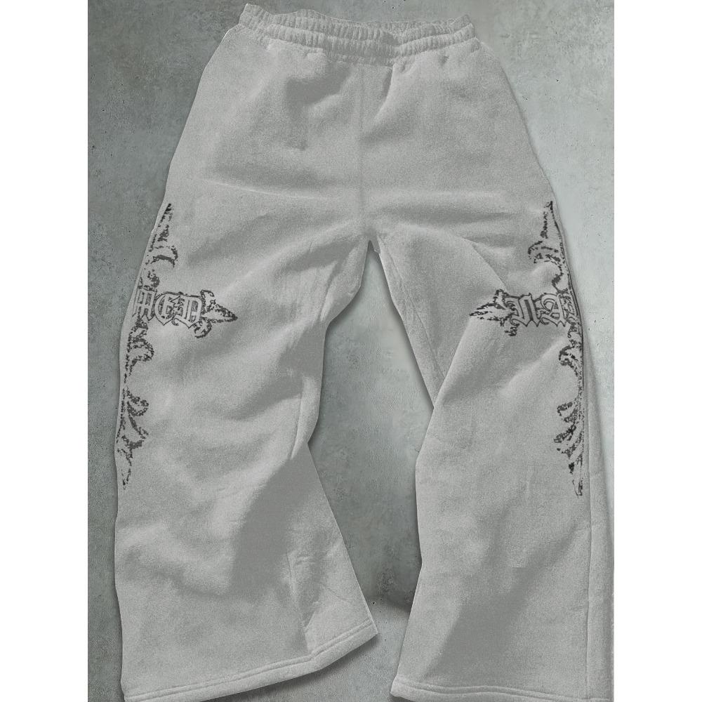 Herren-Sweatpants mit weitem Bein und weißen Flammen-Tribal-Abstrakt-Prints, Kordelzug, lockere Passform, Urban Street Style, inspiriert von Y2K