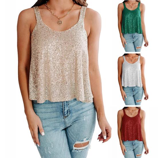 Party Tops Women Sleeveless Sling Sequin Tops Loose Fit Soft Stretchy Sparkling Shimmering Vest Party Clothing