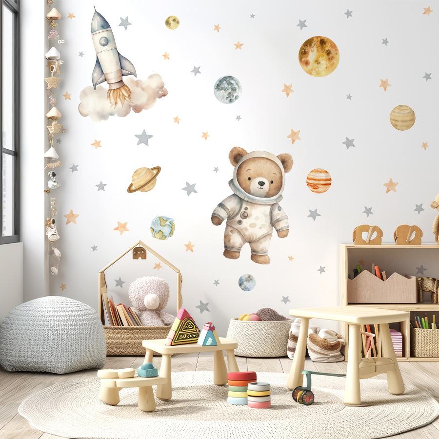 Cute Bear Astronaut Space Rocket Wall Sticker Self Adhesive Removable Kids Room Nursery Decor