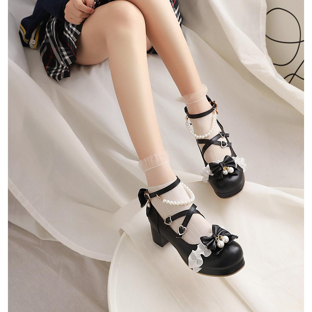 Original Princess Yana LO Lolita Shoes Large Size Bow Student Pearl Round Head Thick Heel Fairy Single Shoes