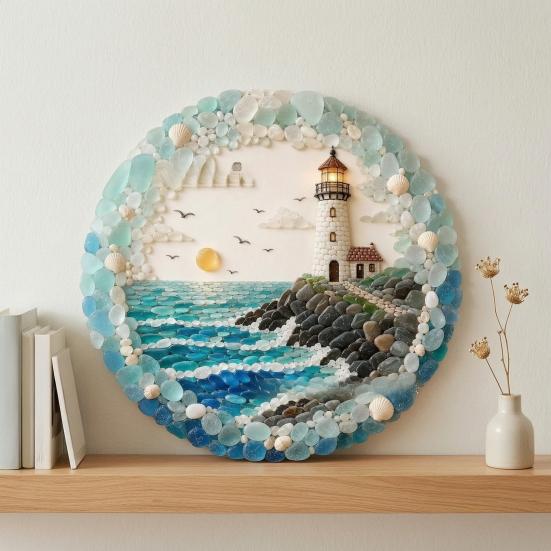 Textured Ocean Art for Home Lighthouse Sea Glass Wall Ornament, Hand Assembled Shells And Tumbled Entryway Seaside Focal Point Decor,