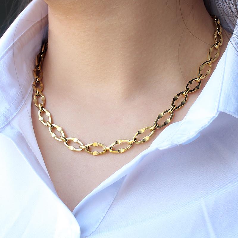 New Stainless Steel Gold Color Choker Necklace for Women Men 16 inch Hexagon Design Link Necklace Statement Necklace 7mm Wide