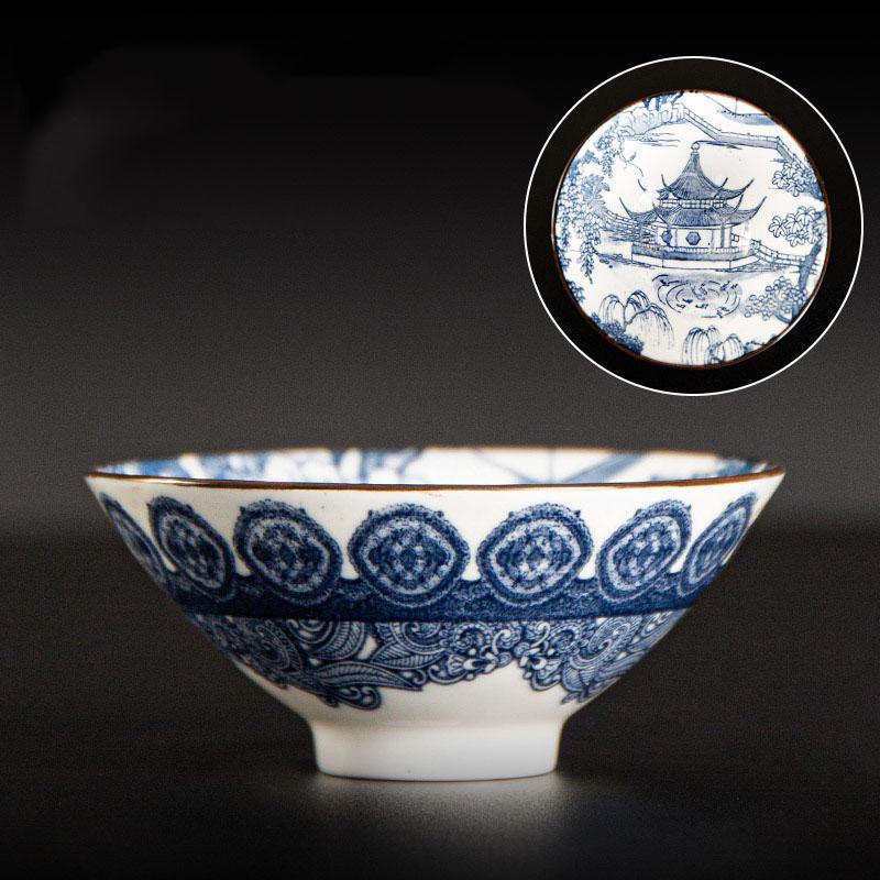 85ml Retro Blue and White Porcelain Cone Teacup Anti Scaling Hand-Painted Ceramic Tea Bowl Travel Meditation Cup Chinese Tea
