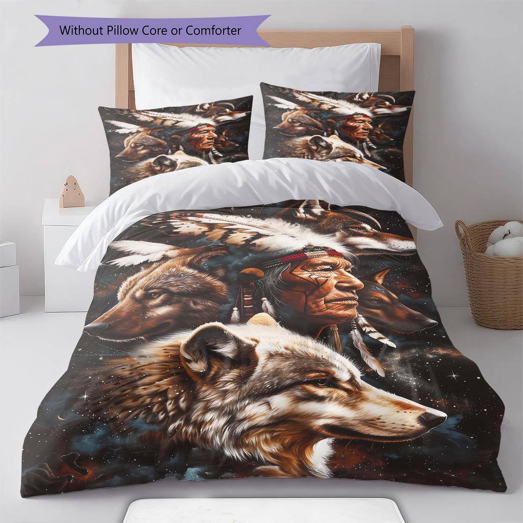 Indian Chief Wolf Bear Pattern Bedding Quilt Set Quilt Cover Pillowcase Home Decoration Birthday Gift (1 * duvet cover + 2 * pillowcase, without core)
