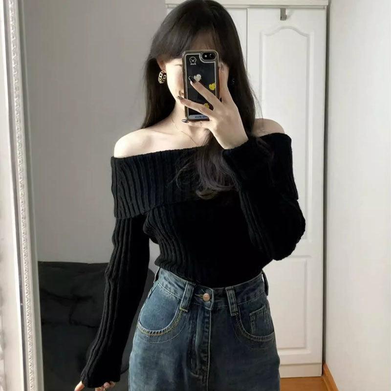 

2023 Women s Black Off-the-Shoulder Knit Sweater - Long-Sleeved French Style for Fall & Winter L (106-115 jin)