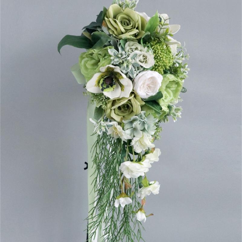 Delicate LimeGreen Rose Display Bouquets Artificial Flower Decorations Bride and Bridesmaids Long Bouquets for Wedding