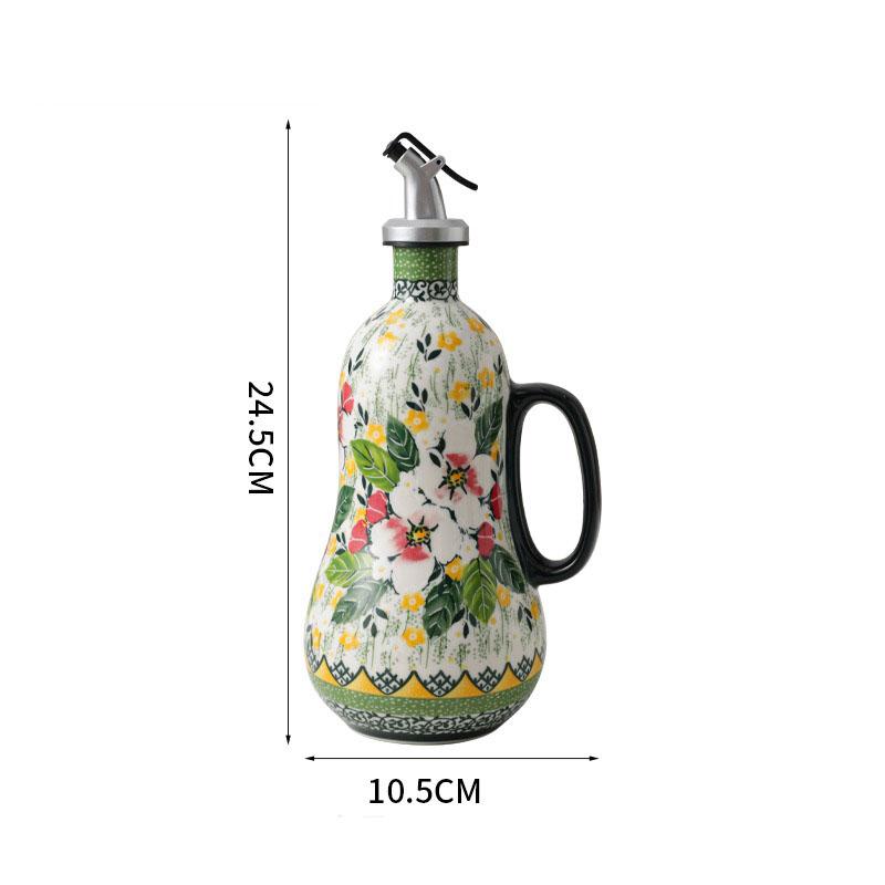 Vintage Floral Ceramic Oil Bottle 600ml, Hand Painted Polish Style Vinegar Dispenser with Handle, Kitchen Decor Cruet