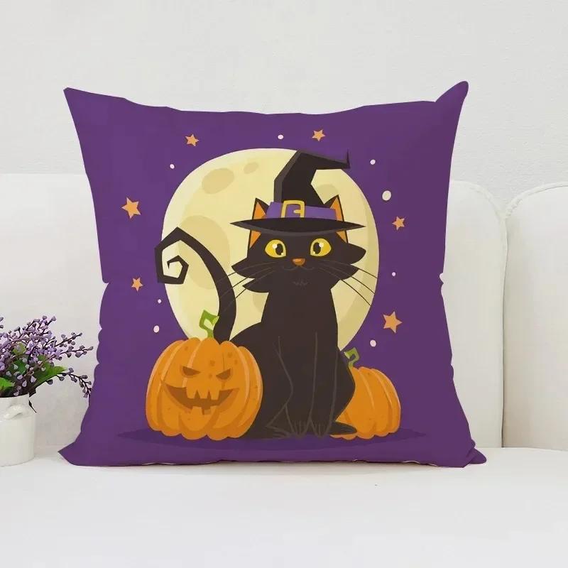 Housse de coussin décorative d'Halloween Chat Citrouille Adaptée pour Maison Salon Canapé Chambre Chambre Housse d'oreiller décorative
