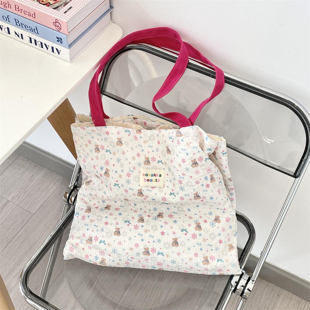 Cute Printed Kitten Canvas Bag Large Capacity Double Layer Work Bag Student Girl Summer Handbag