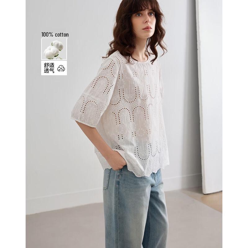 Demana Pure Cotton Lace Embroidered Short Sleeve Top M