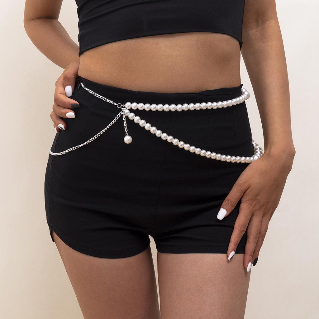 Sexy Vacation Style Imitation Pearl Double Waist Chain Women, Fashion Chain Fringed Body Chain