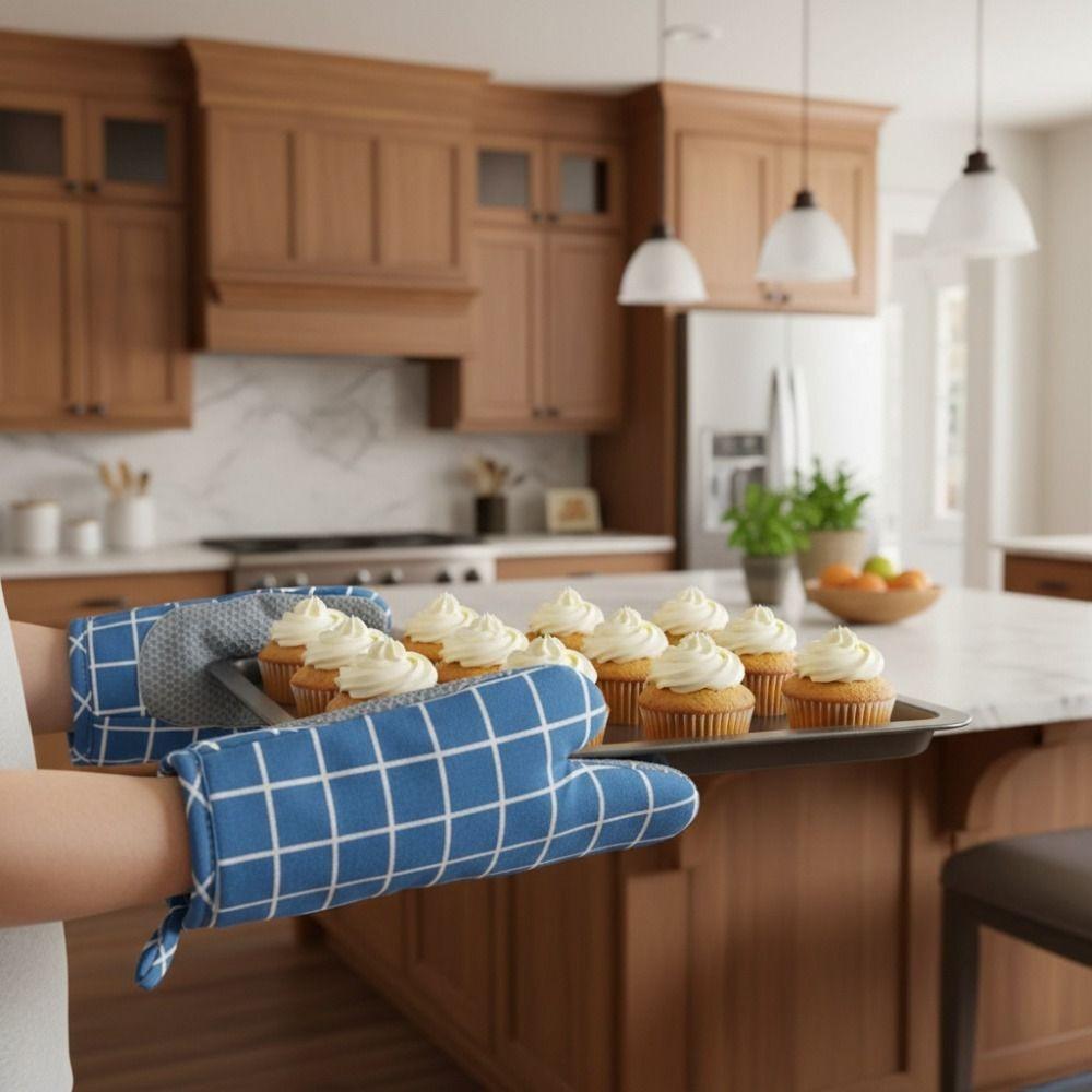 1 Pair Non-slip Kitchen Microwave Gloves Cotton Lining Heat Insulated Gloves Baking Mitts Home