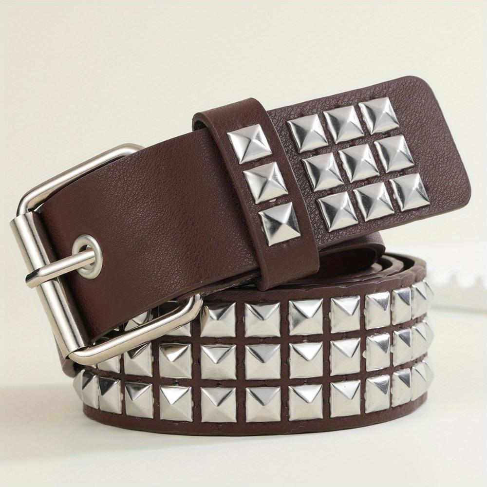 Black Rivet Punk Style Belt with Bright Metal Pyramid Decoration, Suitable for Men and Women