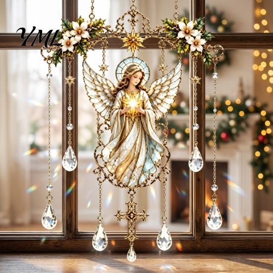 Stained Glass Angel Window Hanging Effect Blessing Suncatcher, Acrylic Prayer Space Ornament with Faux Crystal Charm for Home Garden Decor