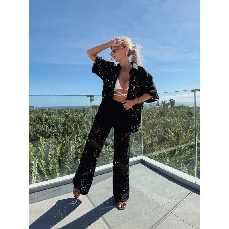 2025 New Fashion Lapel Hollow Lace Short sleeve Top Breasted Shirts Trousers Vacation Set Lace Suit