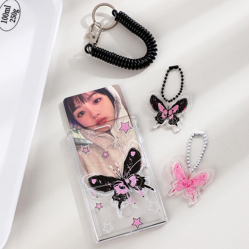 Korean Butterfly Transparent Card Holder Student Bus Cards Photo Sleeve Elastic Rope ID Credit Card Cover with Pendant