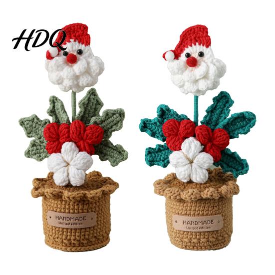 Desktop Ornament for Shelf Crochet Potted Santa Plant Handmade Christmas Ornament Decorative Desk Accessories Flower Plant Home Office Bookshelf