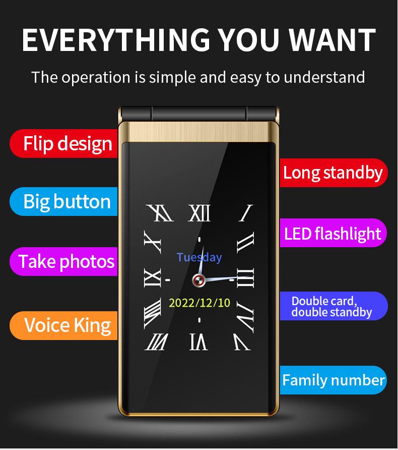 Multi-language Flip Cover Dual Screen Senior Phone (2G/4G) - English, French, Russian, Arabic, Vietnamese, Thai.