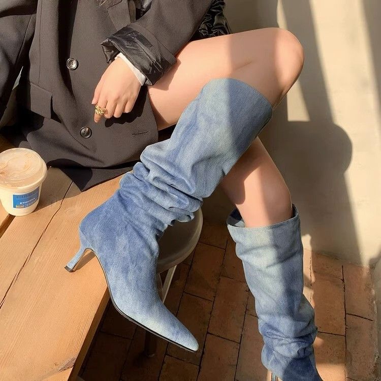 European and American style pointed high tube pleated piled boots women's 2025 autumn fine heel denim high heel knee boots