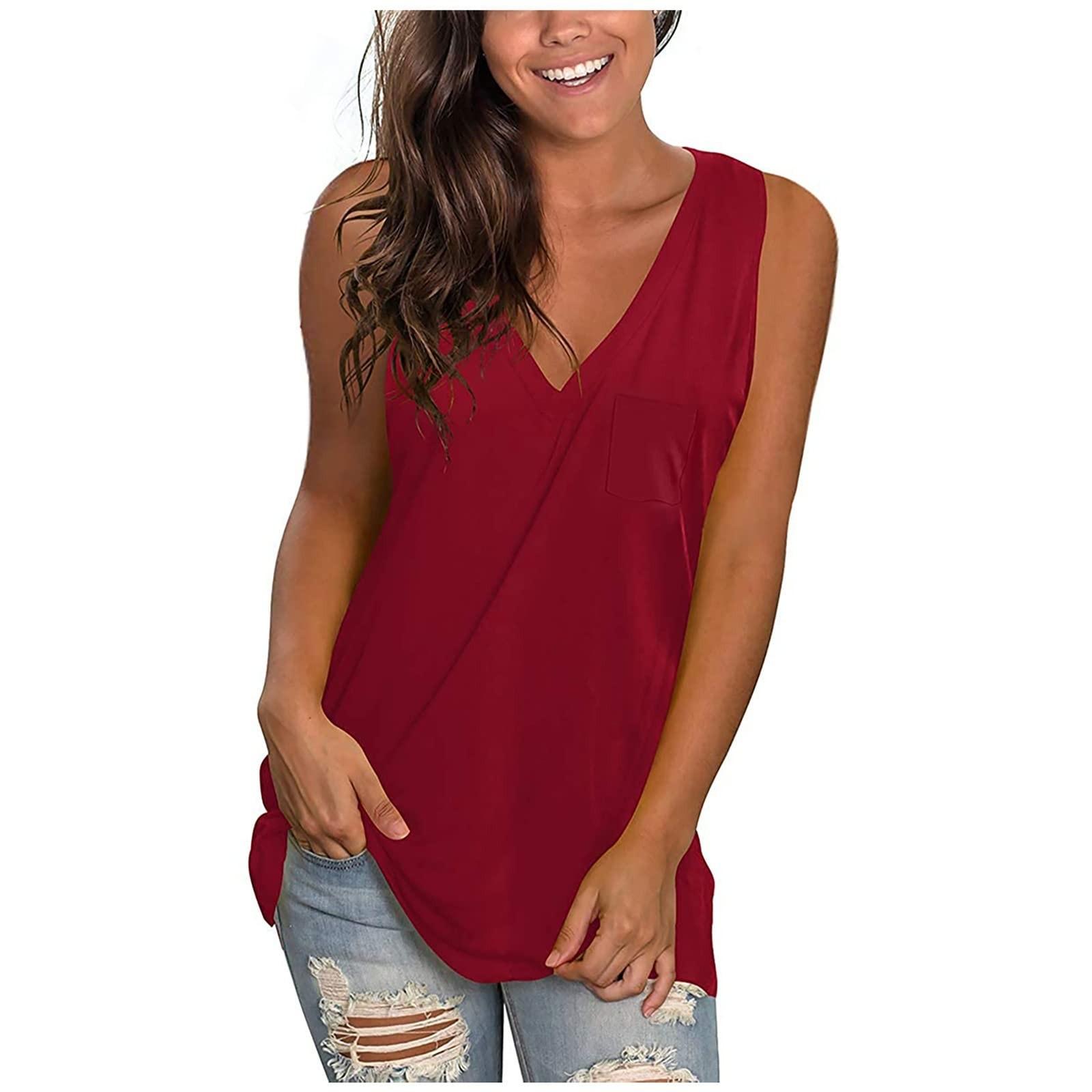 

(SU)Women s Fashion Casual Summer Casual V Neck Solid Color Pocket Tank T-Shirt Top
