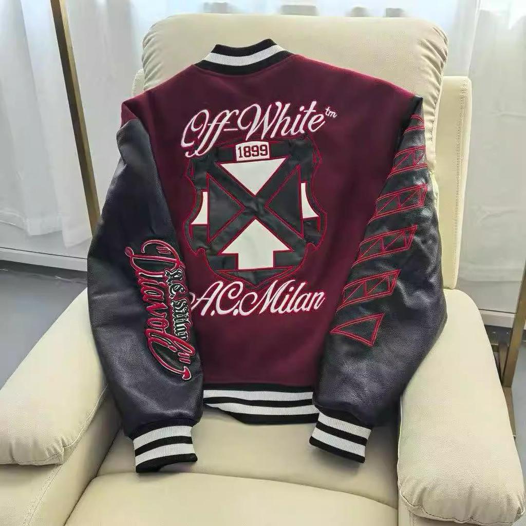 OFF25SS Trendy White & Red Leather Embroidery Baseball Jacket for Couples - Men's & Women's Short Style