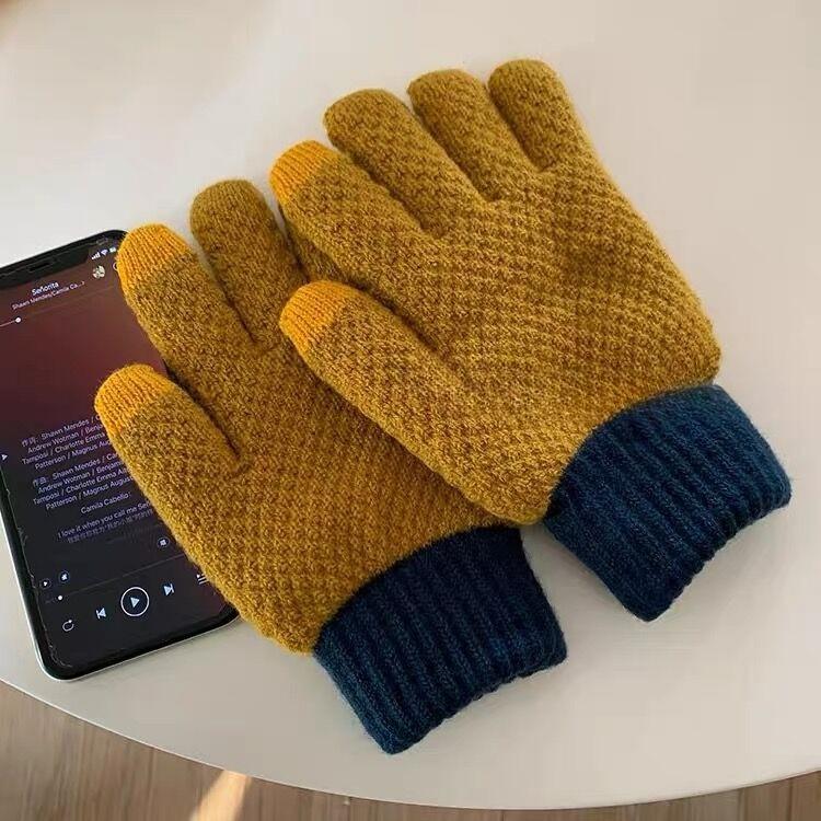 Winter Women's Cute Woolen Knitted Plus Velvet Contrasting Color Five Finger Cycling Warm and Thickened Windproof and Cold Proof Cycling Men's