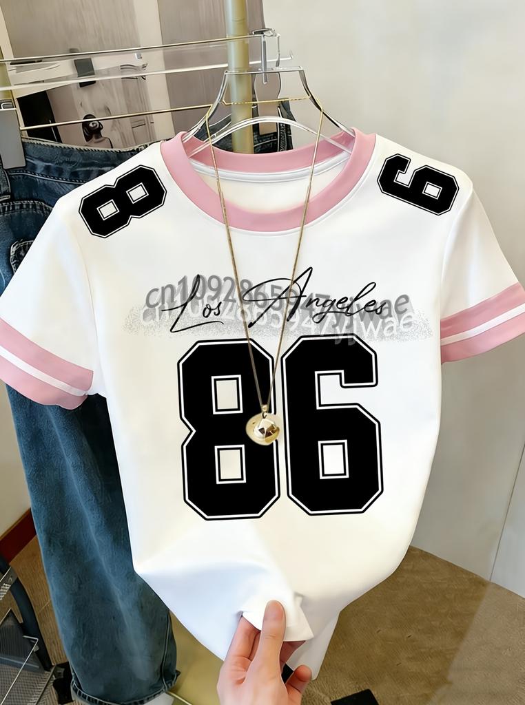 Womens MEN Short Sleeve STRIPE LOS ANGELES NO.86 Print T-Shirt Girl Round Neck Tee Outdoor Sports plus-size women's clothing