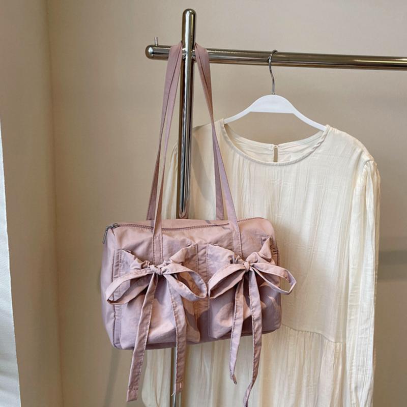 Women's Preppy Style Bow Nylon Shoulder Bag Versatile Solid Color Zipper Sweet Tote Bag for Commuting & Casual Outings CLE