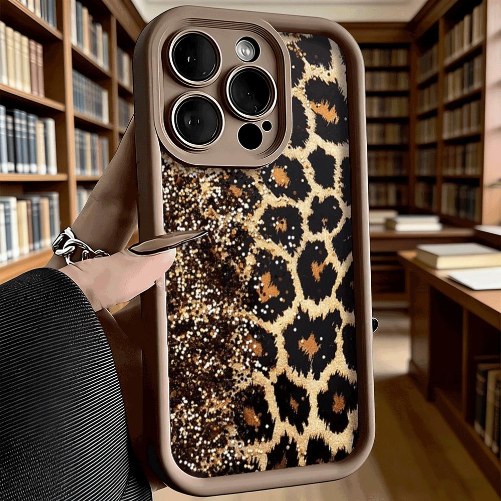 Gold Glitter Leopard Print Phone Case for iPhone 17 16 15 14 13 12 11 Pro Max Plus Anti Scratch, Gel Flexible Protective