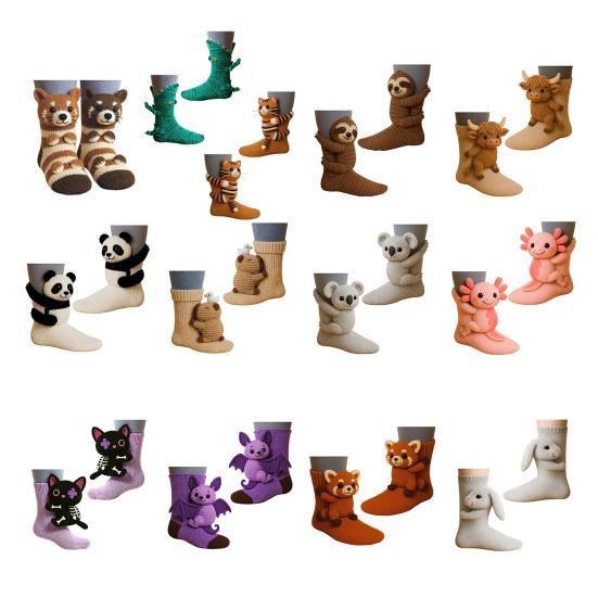 2 Pairs 3D Knit Animal Socks Hand Crocheted Animal Doll Socks Sloth Cute Warm Winter Socks for Men Women Animal Lovers Gifts