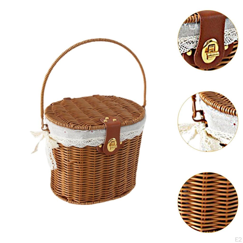 Kosz Przenośny Organizer Lekki Kosz na Owoce Rustykalny Kosz Piknikowy z Uchwytem i Pokrywką dla