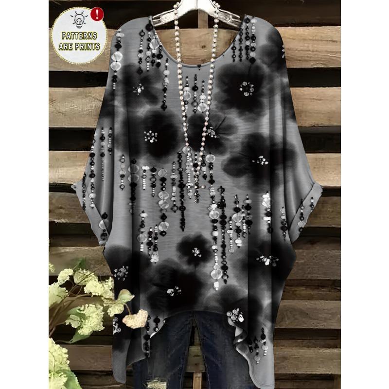 

Versatile and fashionable round neck loose T-shirt with smudged national style pattern all over print S